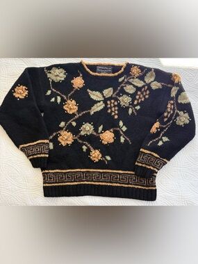 Vintage Wool Embroidered Black Knit Sweater with Gold Trim Medium Carole Little